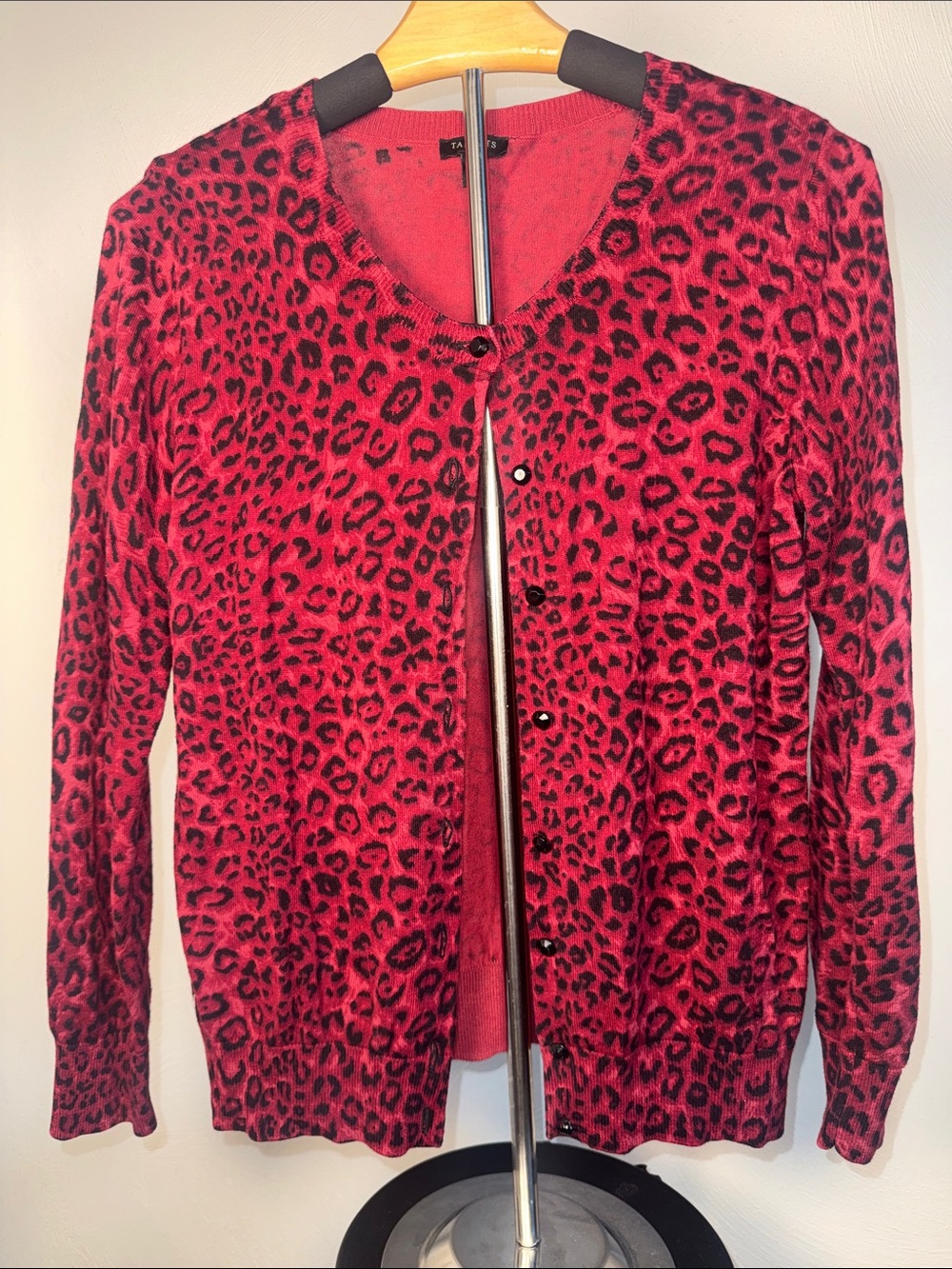 Talbots Red and Black Leopard Print Cardigan